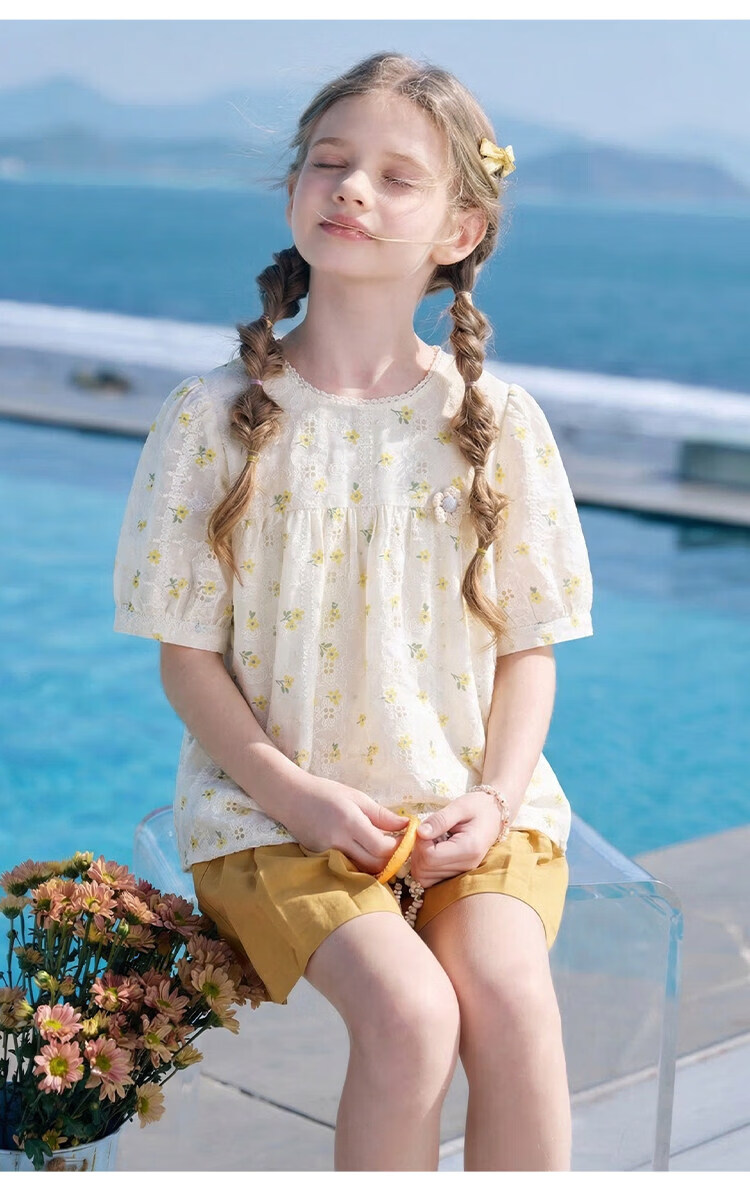 CHANZUIGOU Girls' Glutinous Yellow Floral Print Short Sleeve Top 2026 Summer New Stylish Versatile Shirt 20